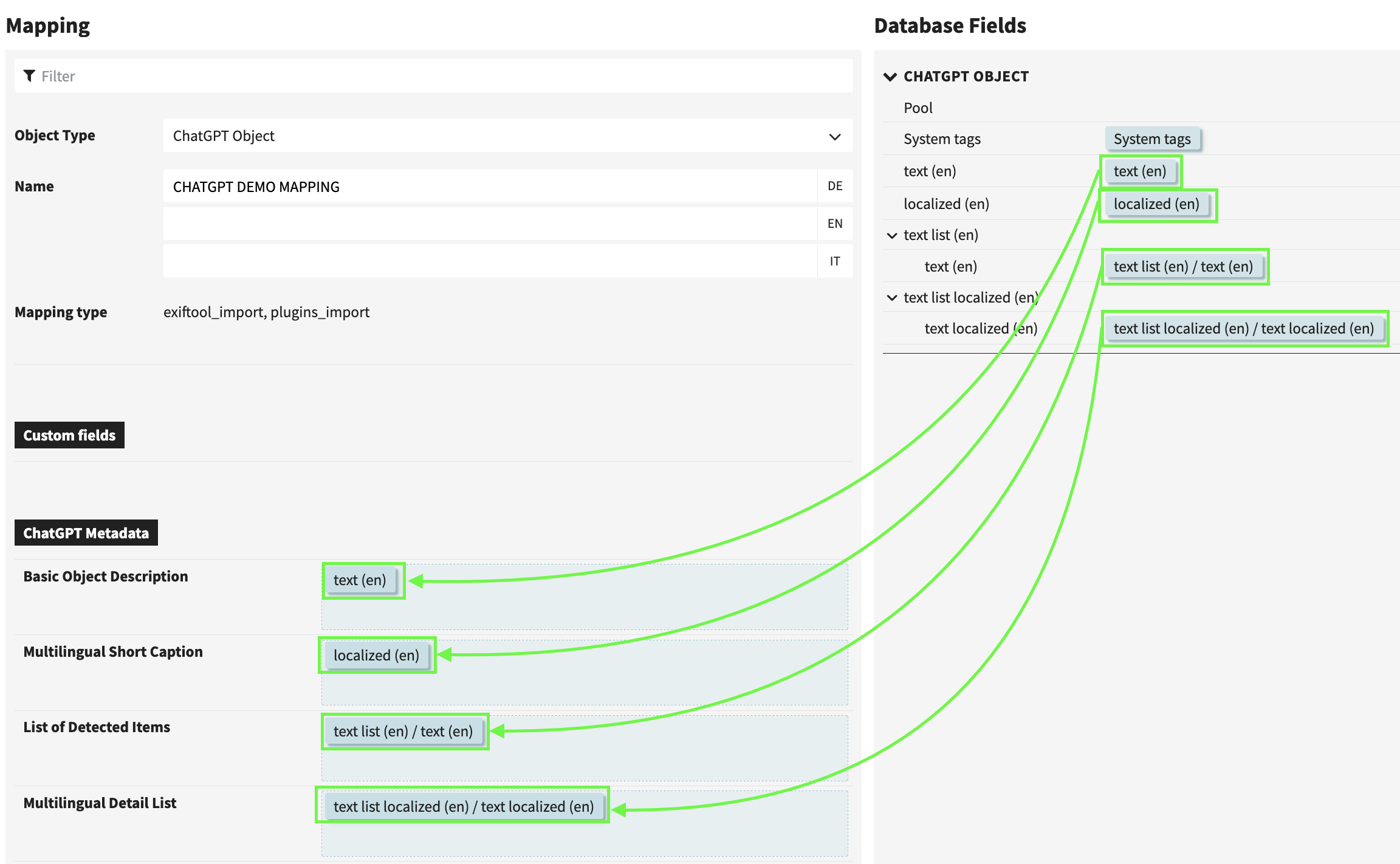 Example of a created Metadata Mapping in fylr. To map an object types fields to our created ChatGPT Prompts drag and drop the individual fields onto your created mapping.