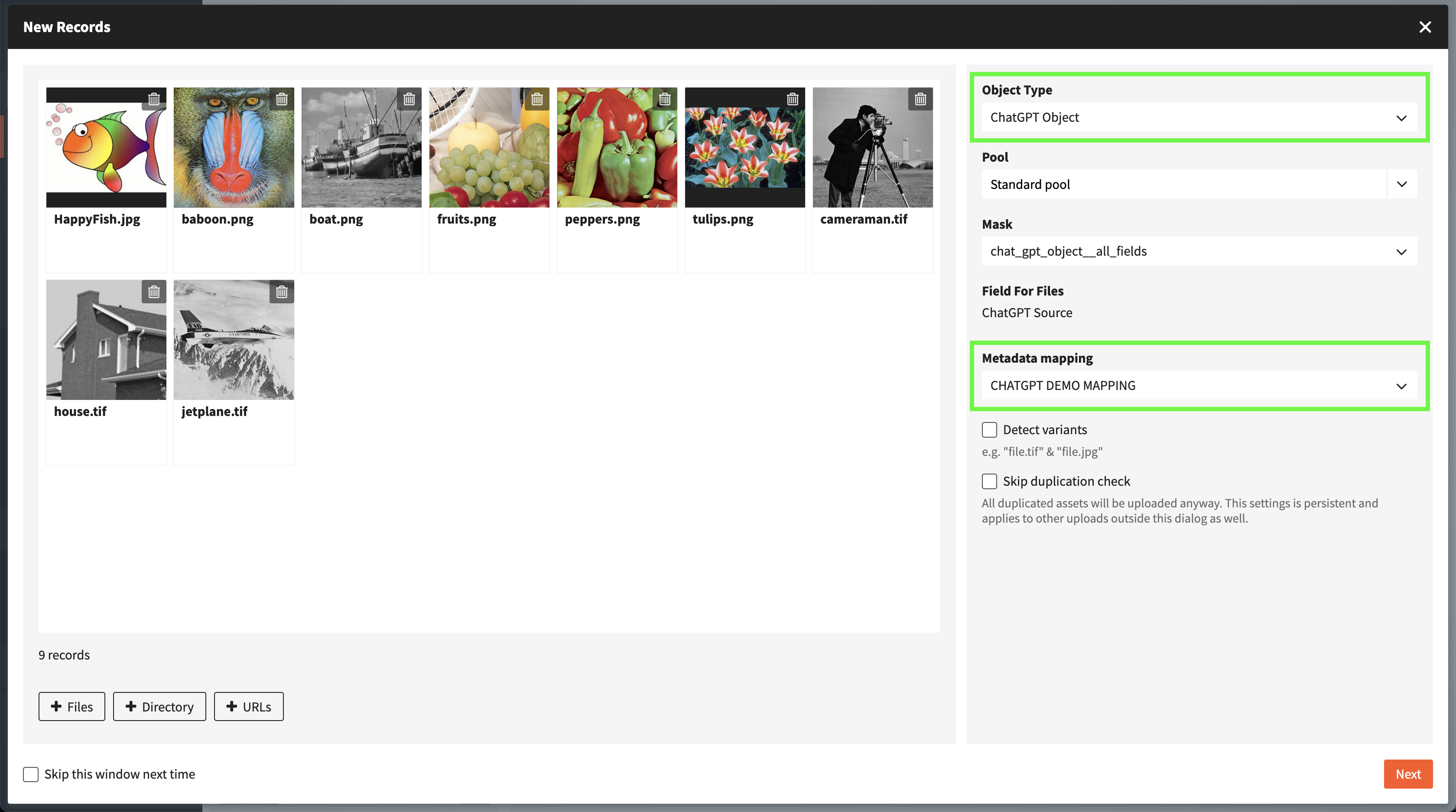Create New Records view in fylr app. Highlighted are our choosen Object Type and the metadata mapping using the ChatGPT prompts