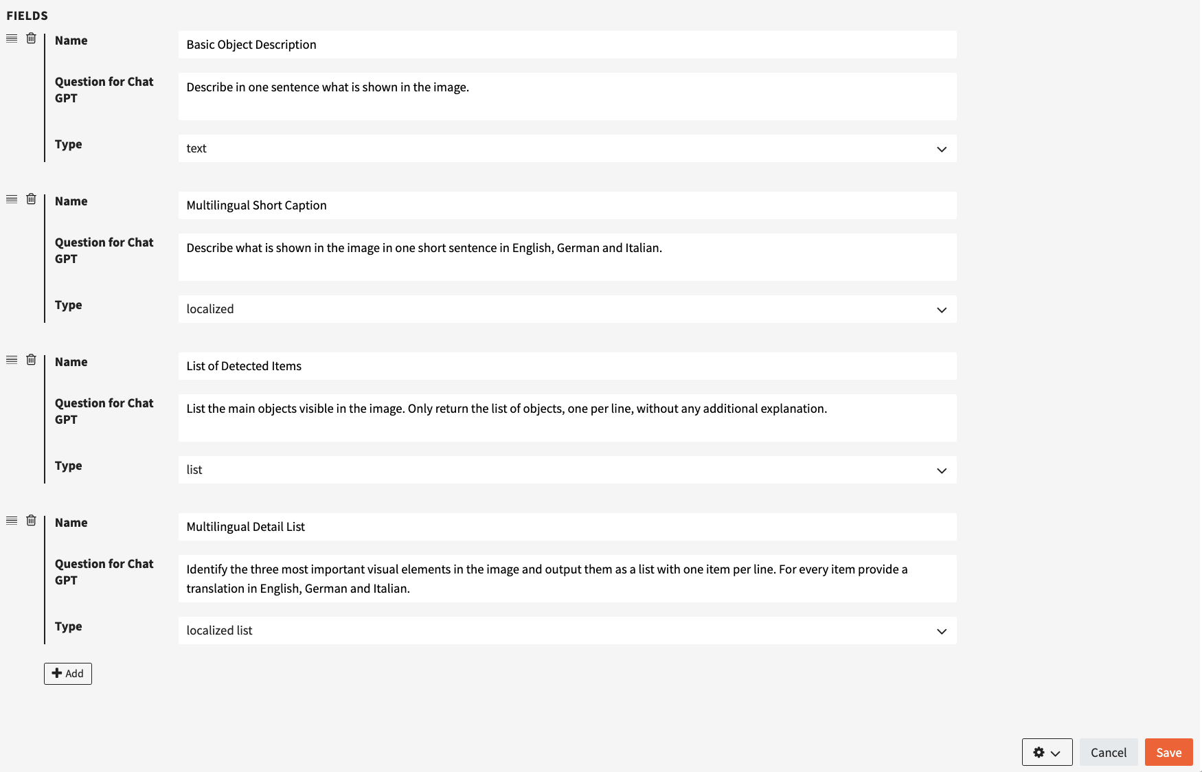 Example prompts created for the ai-metadata plugin. The prompts display the usage of the different output type options while showcasing prompts in various complexities.