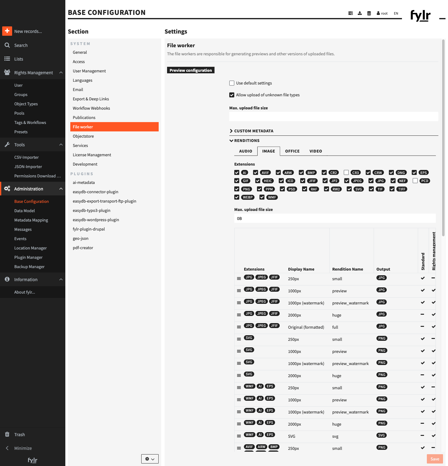 The RENDITIONS table for the Image file class