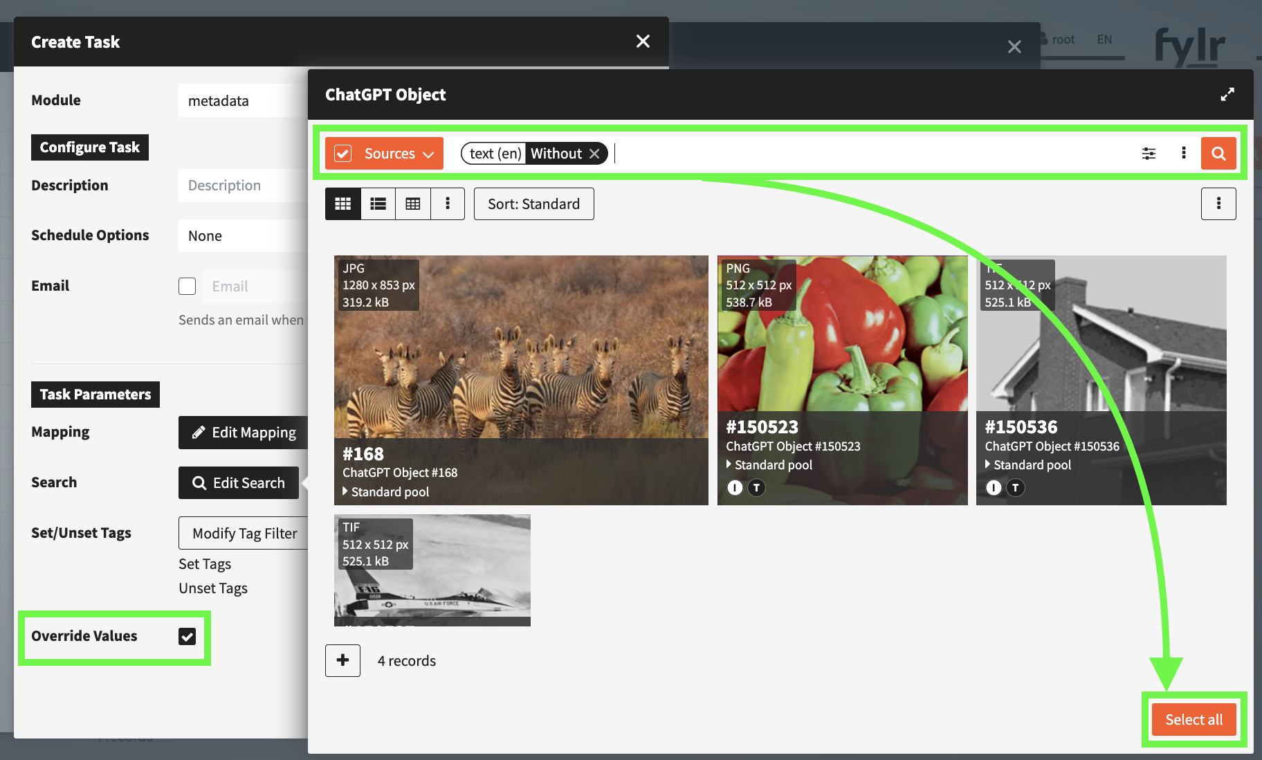 Example configuration of a search query showing results to be mapped by the ai-metadata plugin using the bg-tasks.